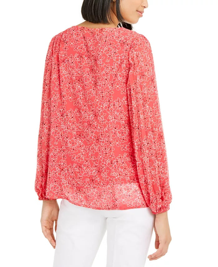 Alfani Women's Pleated Sleeve Floral Print Blouse Pink Size X-Large