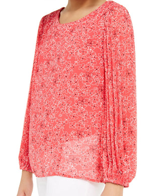 Alfani Women's Pleated Sleeve Floral Print Blouse Pink Size X-Large