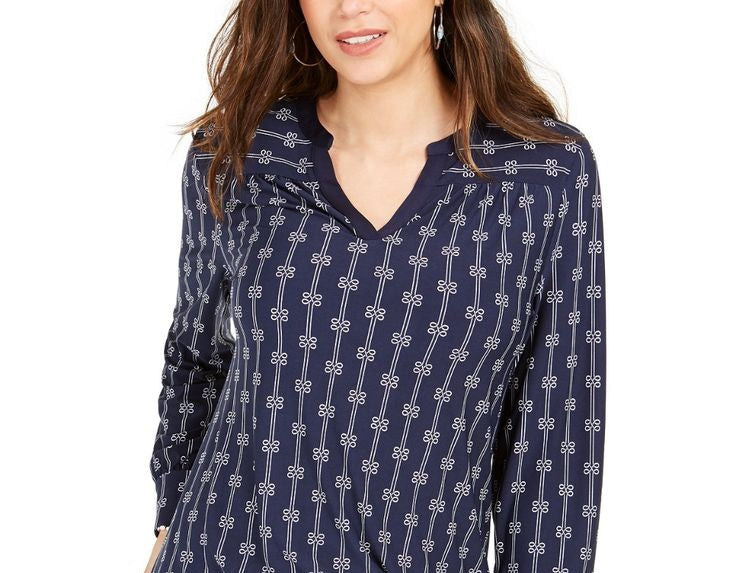 Charter Club Women's Printed Split-Neck Top Blue Size Large