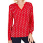 Charter Club Women's Printed Split Neck Top Red Size Large