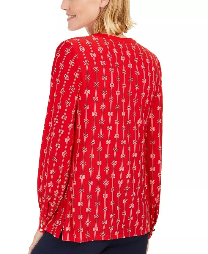 Charter Club Women's Printed Split Neck Top Red Size Large