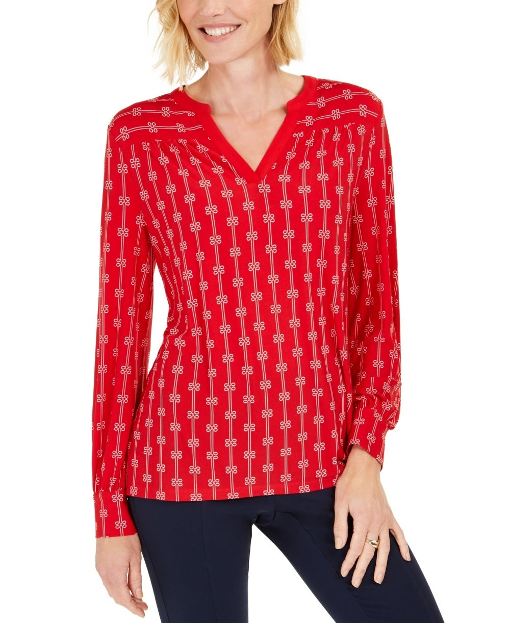 Charter Club Women's Printed Split Neck Top Red Size X-Small