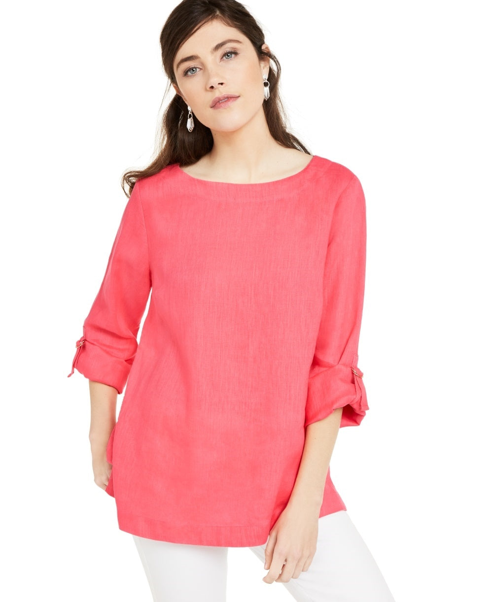 Charter Club Women's D Ring Roll Sleeve Linen Blend Top Red Size Small