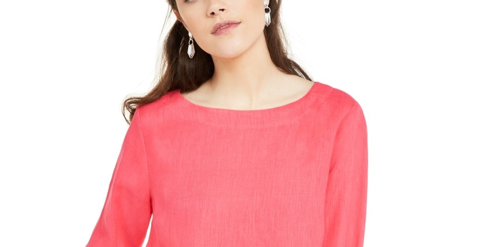 Charter Club Women's D Ring Roll Sleeve Linen Blend Top Red Size Small