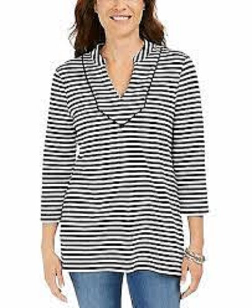 Charter Club Women's Striped 3/4-Sleeve Top Black Size X-Small