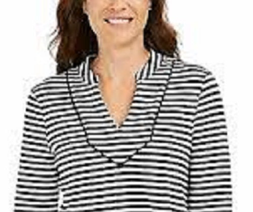 Charter Club Women's Striped 3/4-Sleeve Top Black Size X-Small