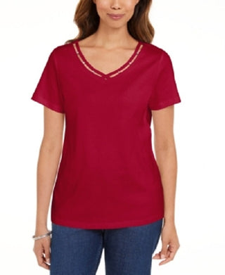 Karen Scott Women's Cotton Open-Trim V-Neck T-Shirt Bright Red Size Medium