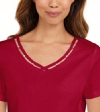 Karen Scott Women's Cotton Open-Trim V-Neck T-Shirt Bright Red Size Medium