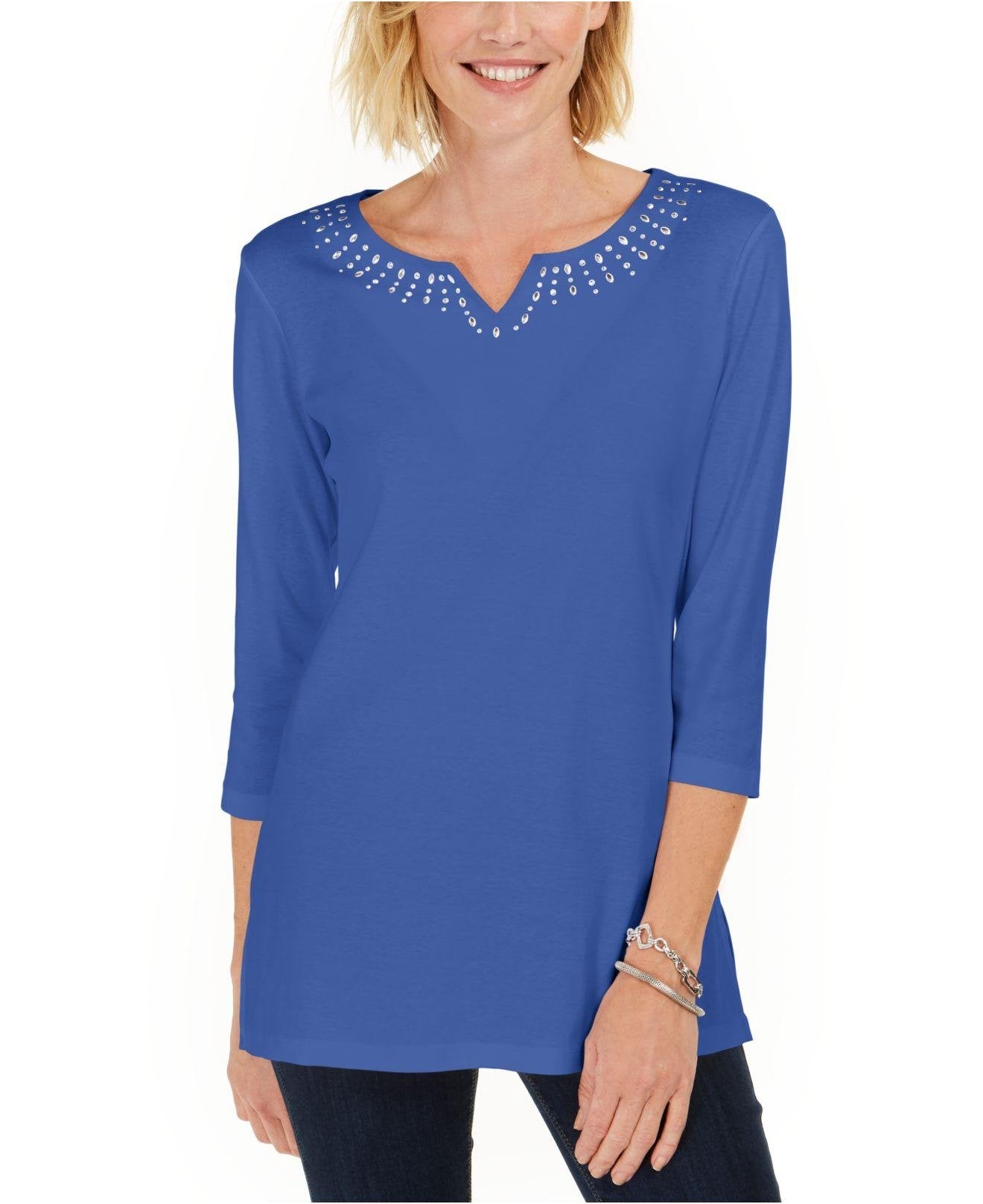 Karen Scott Women's Cotton Studded Split Neck Top Blue Size Small