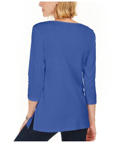 Karen Scott Women's Cotton Studded Split Neck Top Blue Size Small