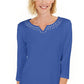 Karen Scott Women's Cotton Studded Split Neck Top Blue Size Small