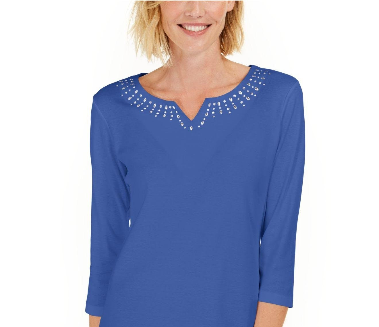 Karen Scott Women's Cotton Studded Split Neck Top Blue Size Small
