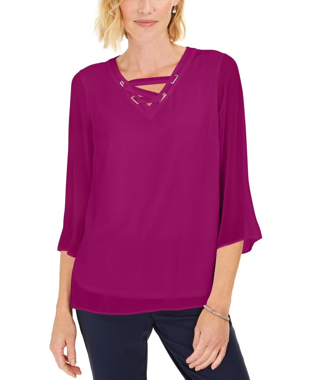 JM Collection Women's Lace Up Grommet Trim Top  Pink Size Small