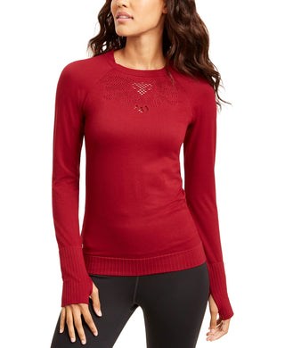 Ideology Women's Seamless Perforated Long Sleeve Top Red Size Small