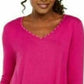 JM Collection Women's Mixed Media Studded Neck 3/4 Sleeve Top Pink Size Small