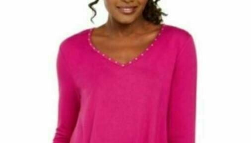 JM Collection Women's Mixed Media Studded Neck 3/4 Sleeve Top Pink Size Small