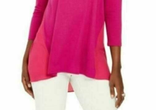 JM Collection Women's Mixed Media Studded Neck 3/4 Sleeve Top Pink Size Small