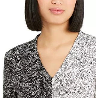 Alfani Women's Mixed-Print Ruched-Front Top Black Size Petite Medium