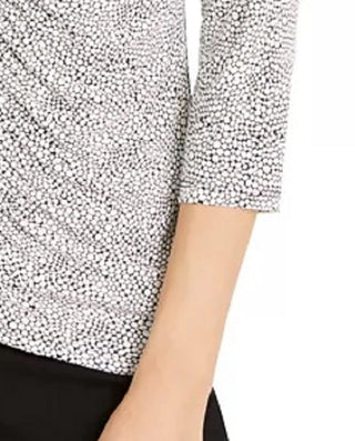 Alfani Women's Mixed-Print Ruched-Front Top Black Size Petite Medium