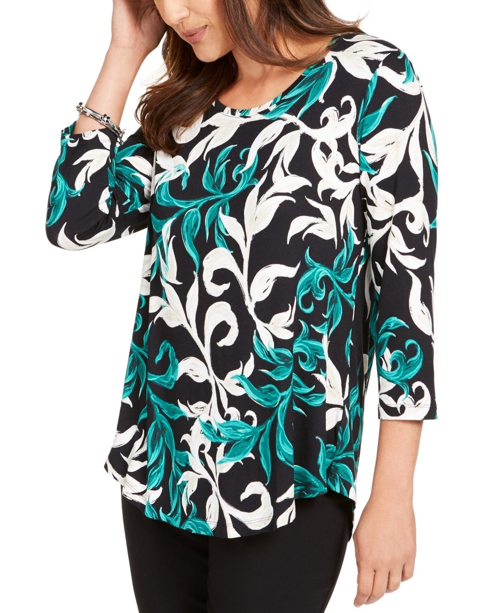 JM Collection Women's Printed Scoop-Neck Top Green Size Small