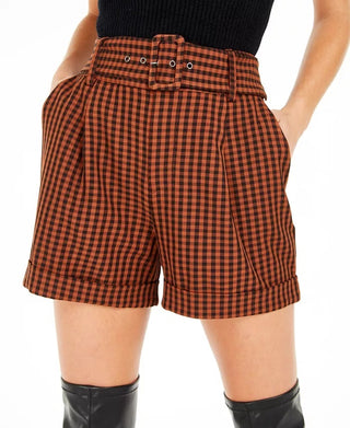 Bar III Women's Becca Tilley X Powersuit Gingham Belted Shorts Orange Size 14