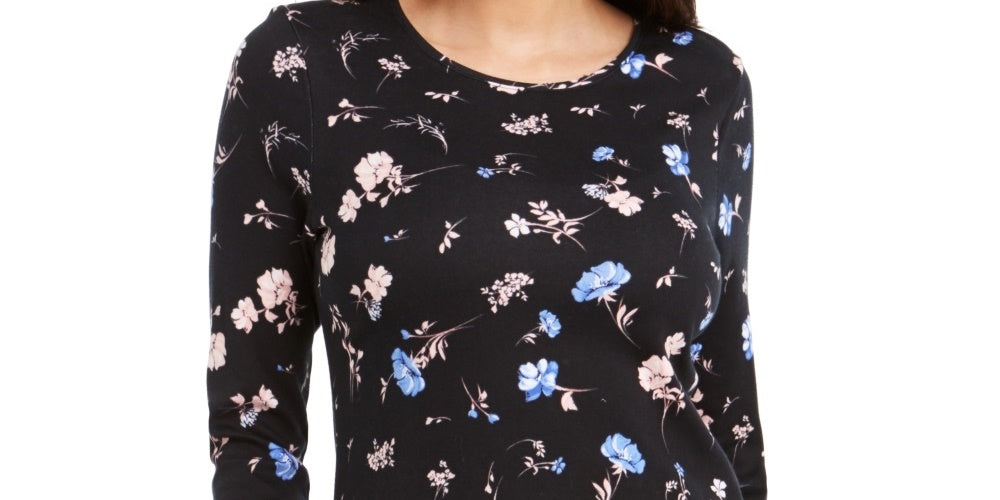 Charter Club Women's Pima Cotton Ditsy Print Top  Black Size Large