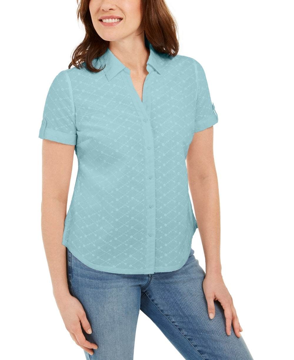 Karen Scott Women's Cotton Embroidered Shirt Blue Size Small
