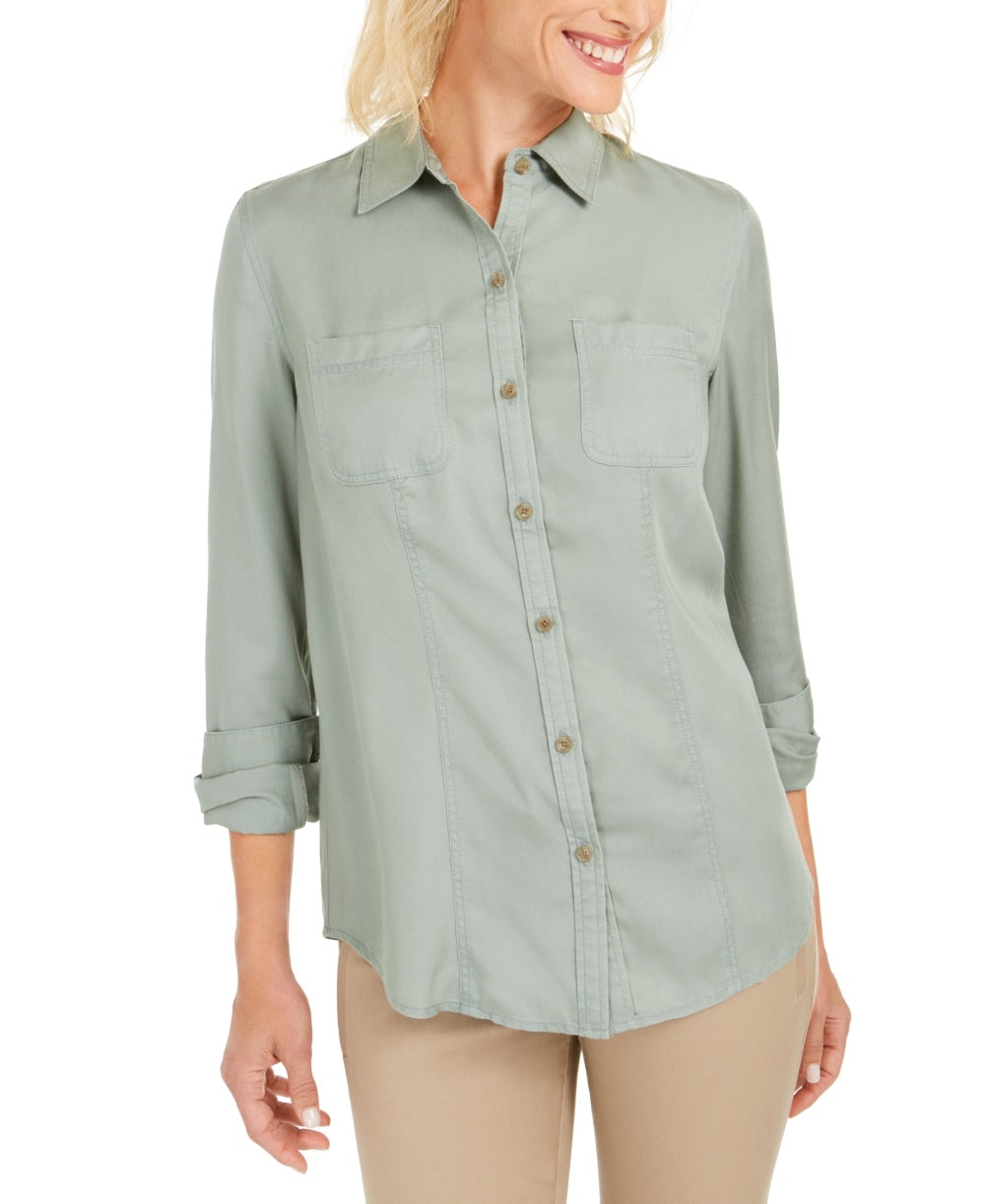 Charter Club Women's Woven Solid Tencel Shirt  Green Size X-Small