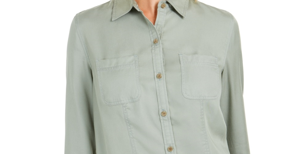 Charter Club Women's Woven Solid Tencel Shirt  Green Size X-Small