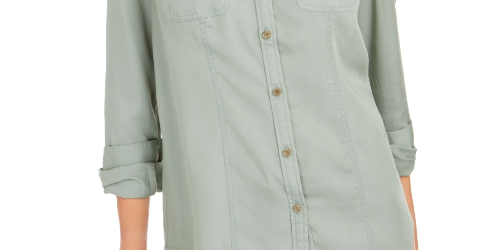 Charter Club Women's Woven Solid Tencel Shirt  Green Size X-Small