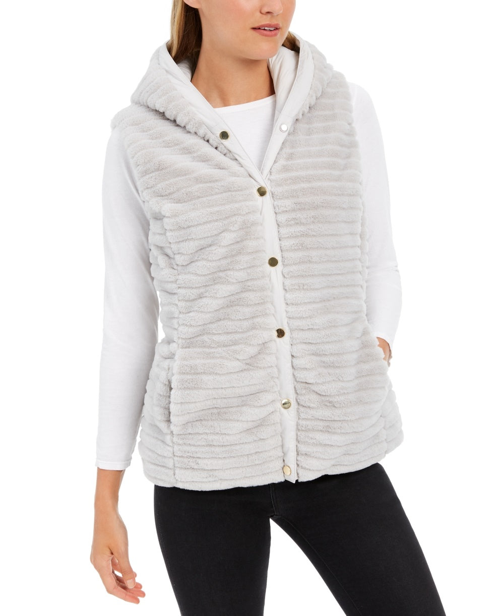 Charter Club Women's Faux Fur Hooded Reversible Vest Silver Size XX-Large