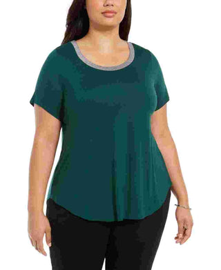 Alfani Women's Metallic Neck Top Green Size 3X