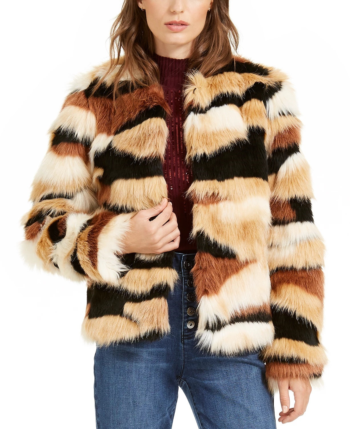 INC International Concepts Women's Faux Fur Calico Print Coat Black Size X-Small