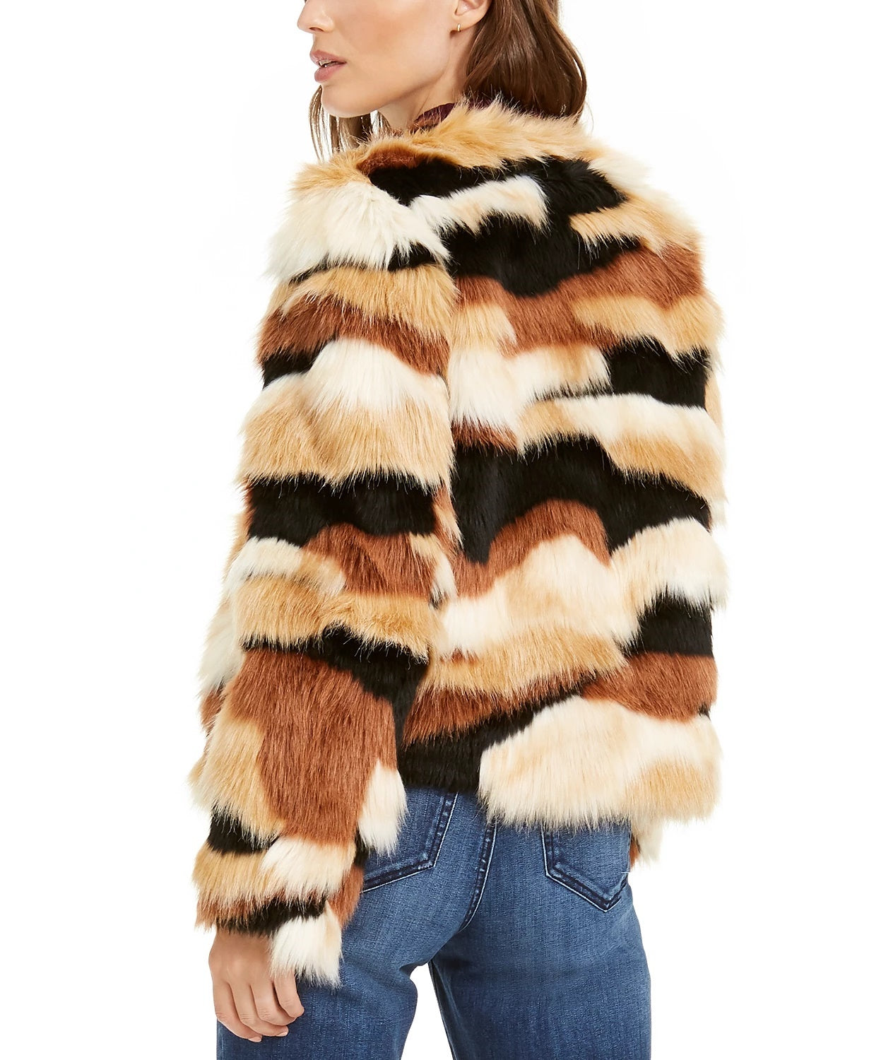 INC International Concepts Women's Faux Fur Calico Print Coat Black Size X-Small