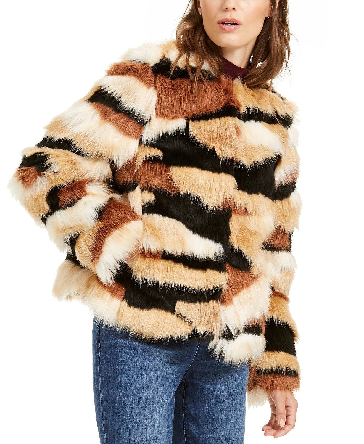 INC International Concepts Women's Faux Fur Calico Print Coat Black Size X-Small