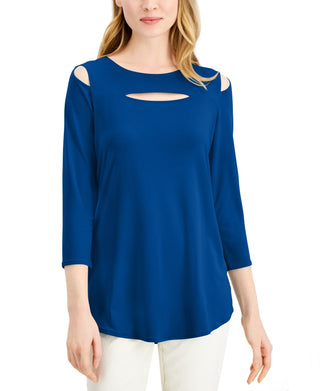 Alfani Women's Front Cutout Cold Shoulder Top Blue Size Medium