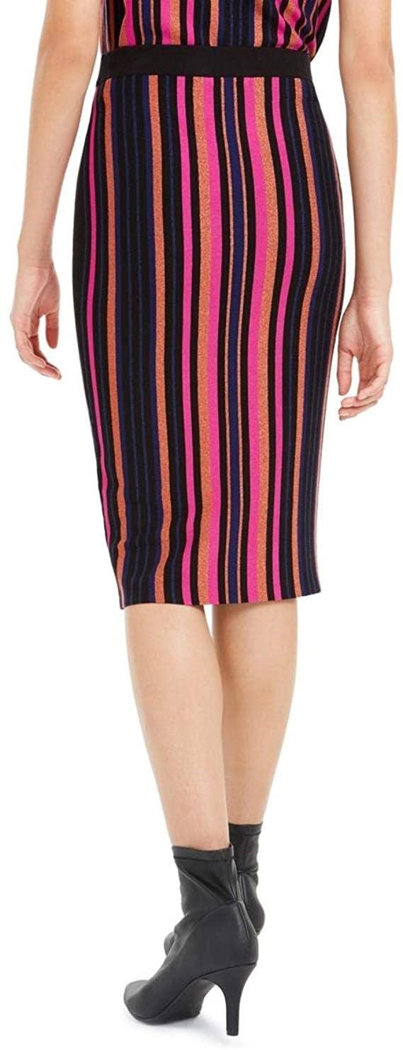 Bar III Women's Glitter Striped Below The Knee Pencil Skirt Pink Size Medium