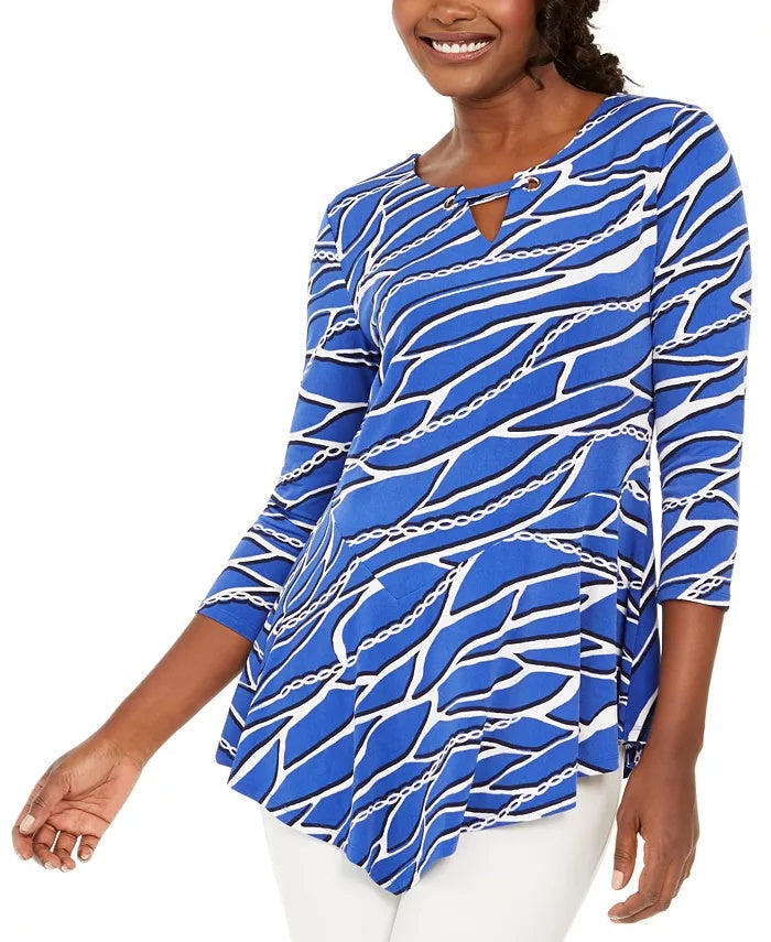 JM Collection Women's Chain-Print Grommet Tunic Navy Size Large