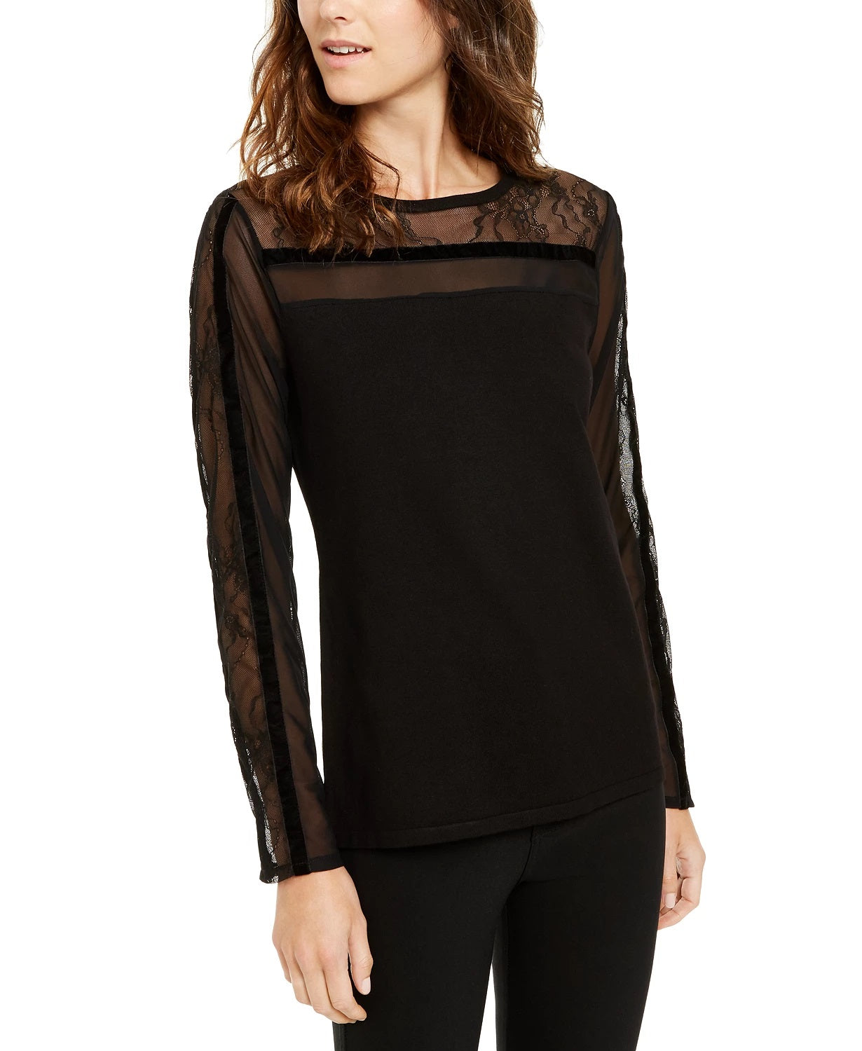 INC International Concepts Women's Lace & Velvet Illusion Sweater Black Size Large
