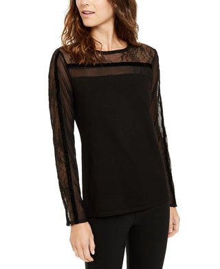 INC International Concepts Women's Lace & Velvet Illusion Sweater Black Size Large