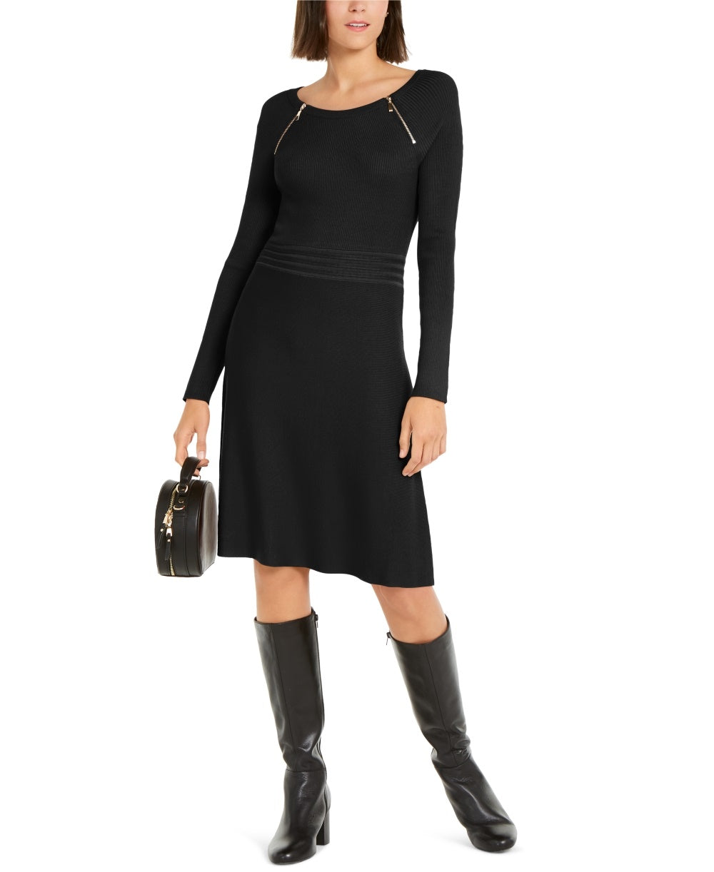 INC International Concepts Women's Zip Detail Fit & Flare Sweater Dress Black Size Medium