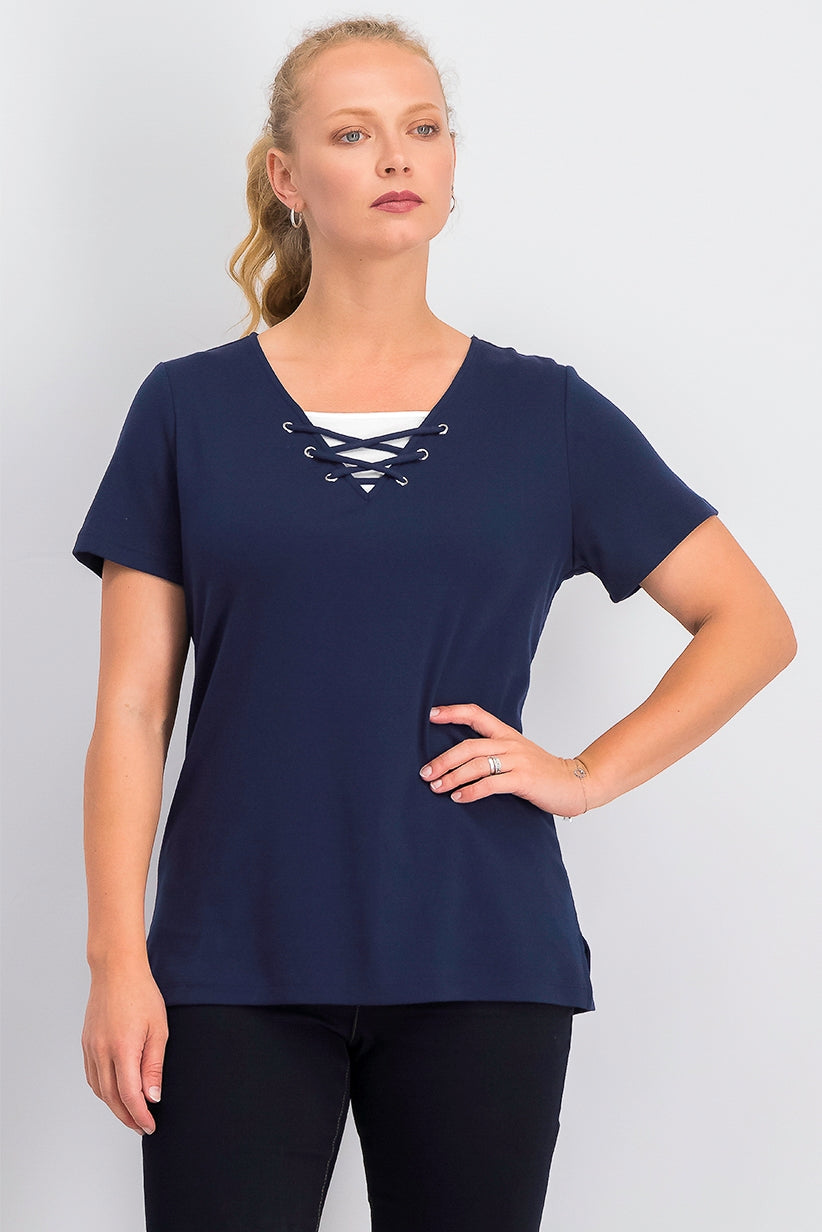 Karen Scott Women's Lace-Up Layered-Look Top Navy Size Extra Small