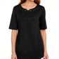 Karen Scott Women's Cotton Split Neck Elbow Sleeve Top  Black Size Small