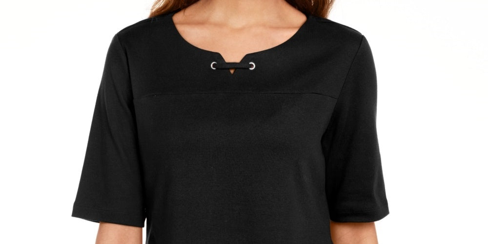Karen Scott Women's Cotton Split Neck Elbow Sleeve Top  Black Size Small