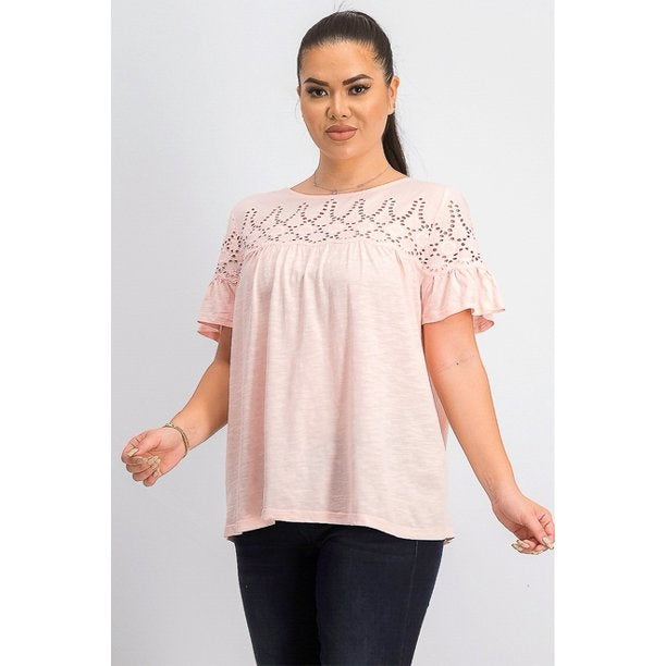 Style & Co Women's Cotton Eyelet-Yoke Top Pink Size Small
