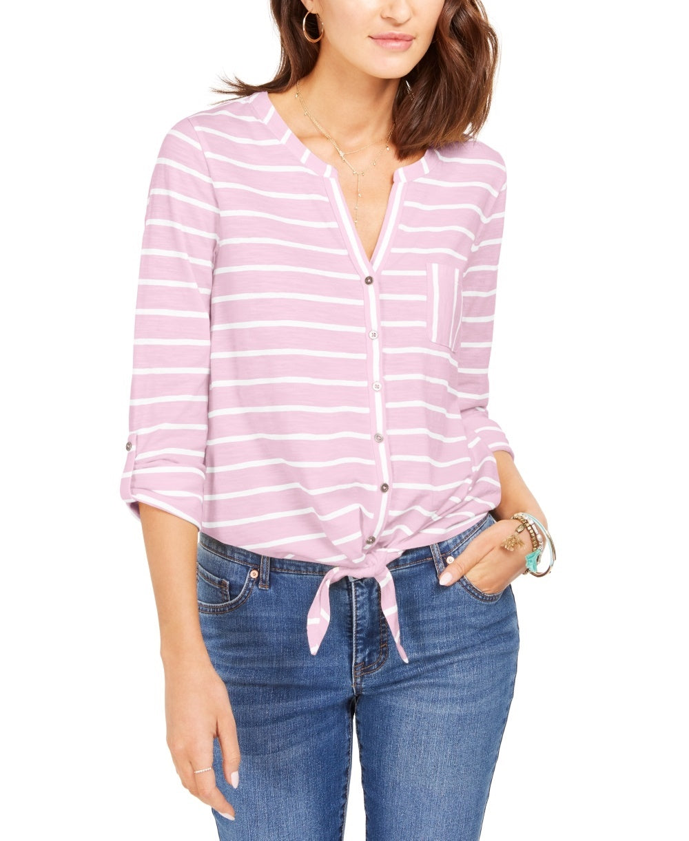 Style & Co Women's Printed Tie Front Top Pink Size X-Large