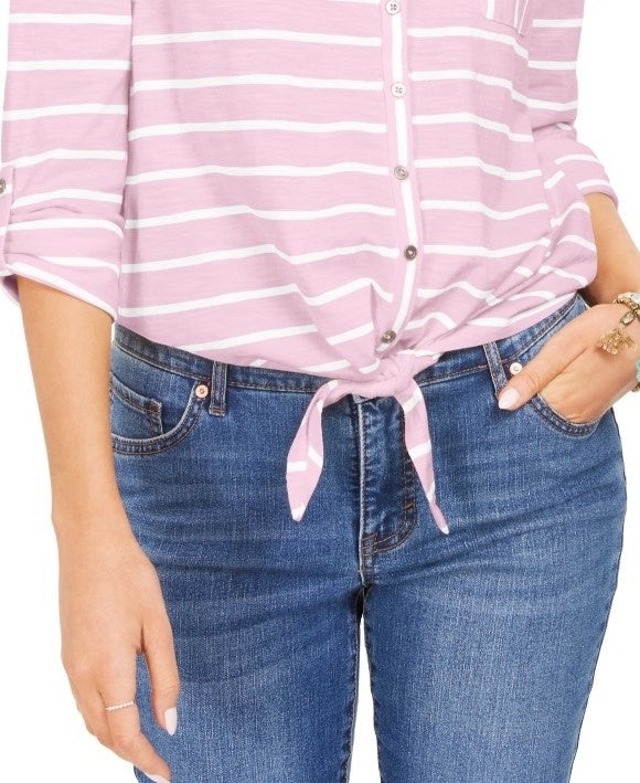 Style & Co Women's Printed Tie Front Top Pink Size X-Large