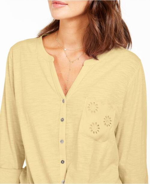 Style & Co Women's Eyelet-Pocket Tie-Front Top Yellow Size Small