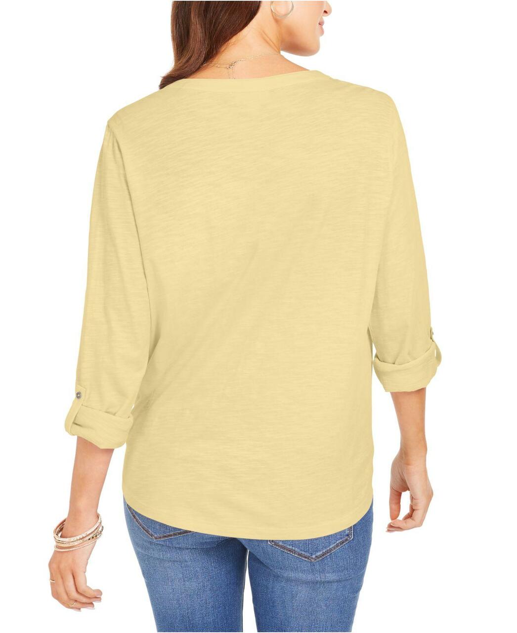 Style & Co Women's Eyelet-Pocket Tie-Front Top Yellow Size Small
