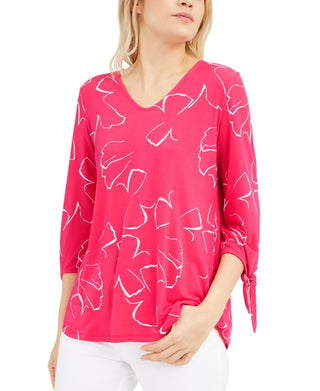 Alfani Women's Printed Tie Sleeve Top  Pink Size Large